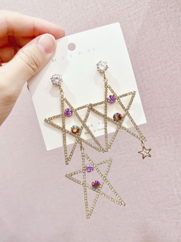 鋯石華麗大星星不對稱鋼針手工設計鋼針大耳環 