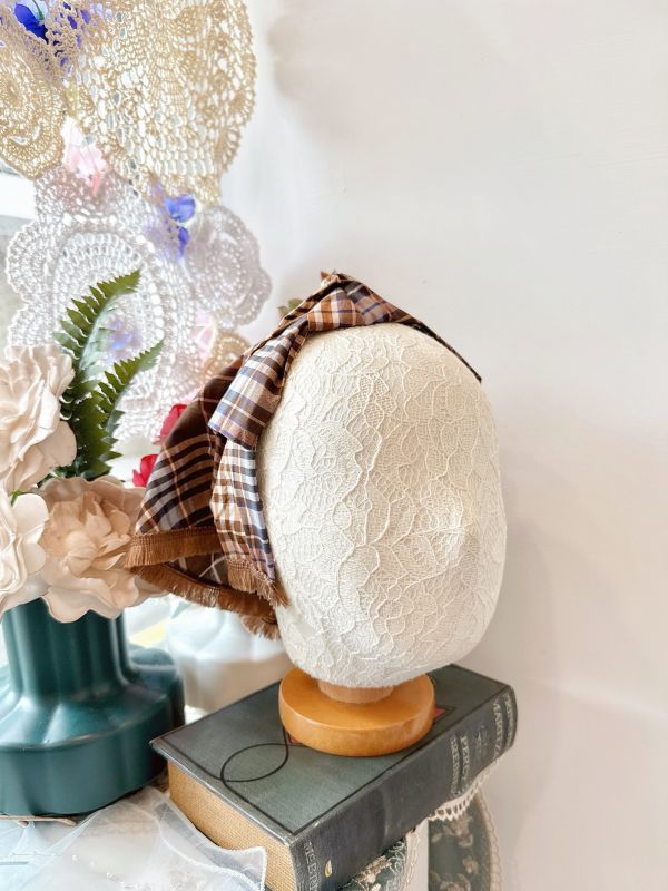 打結式仿帽格紋流蘇造型日系髮圈 