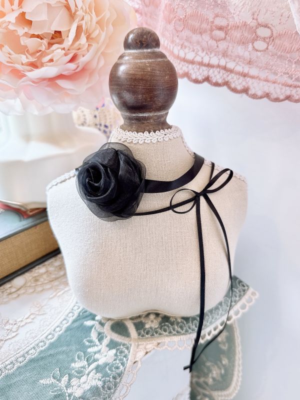 黑色優雅浪漫玫瑰雙層設計蝴蝶結頸鏈 