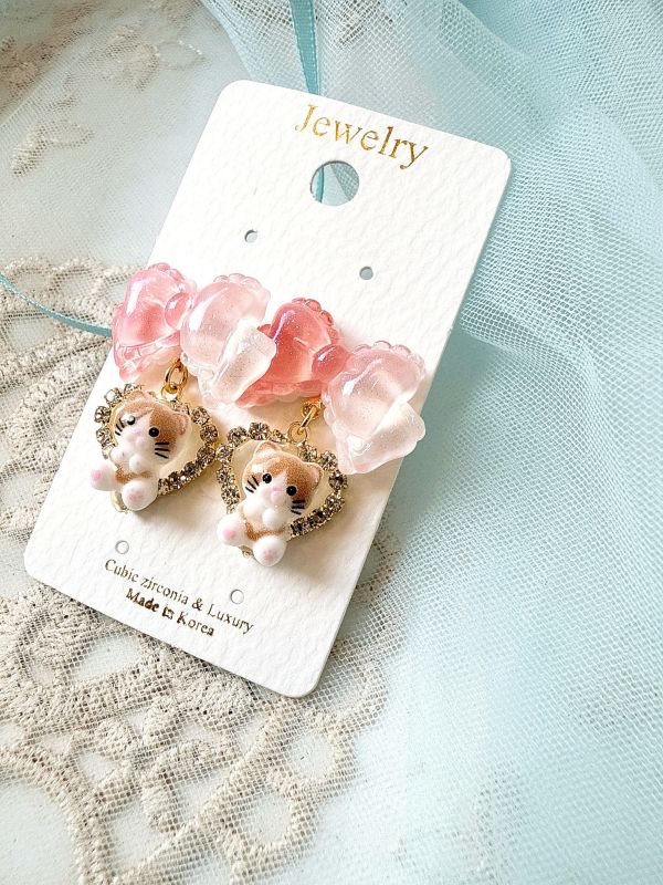 果凍感蝴蝶結垂墜可愛貓咪耳環 