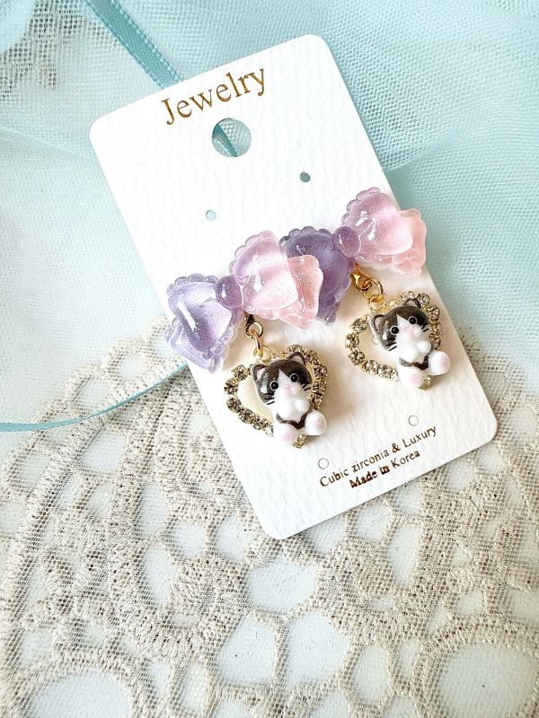 果凍感蝴蝶結垂墜可愛貓咪耳環 