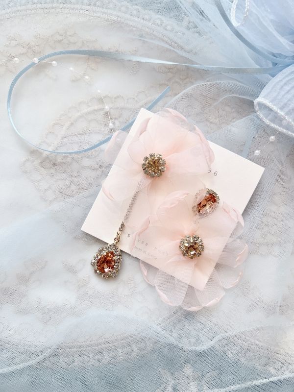 粉色雪紡花不對稱氣質鋼針大耳環 