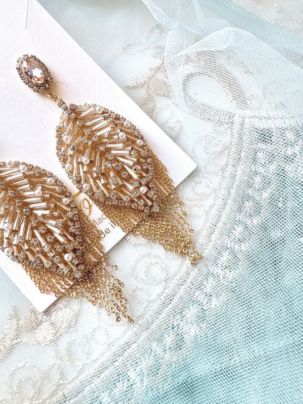 金碧奪目流蘇葉子造型銀針耳環 