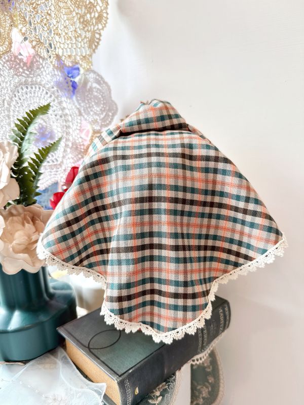 打結式仿帽格紋拼接蕾絲造型日系髮圈 