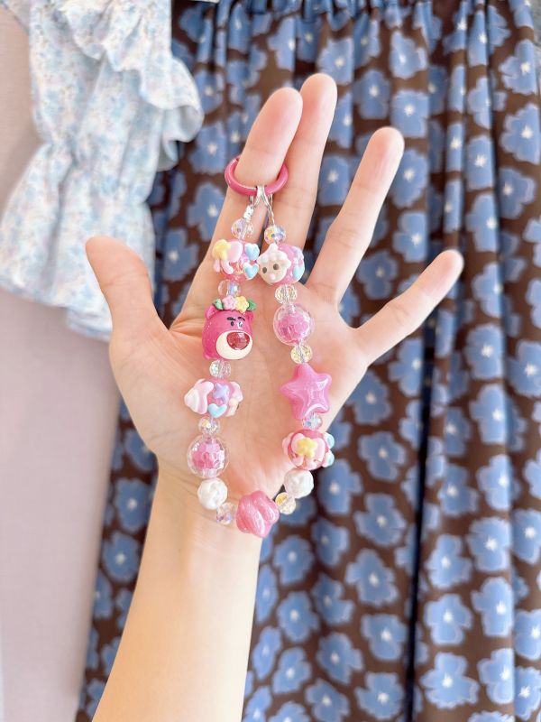 桃色糖果色串珠抱哥手機吊飾/掛墜 