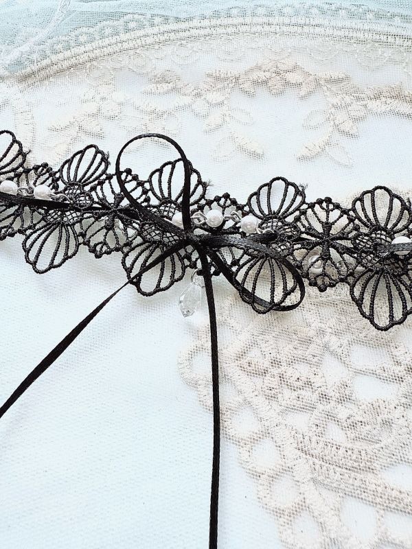 法式蕾絲珍珠垂墜蝴蝶結頸鏈 