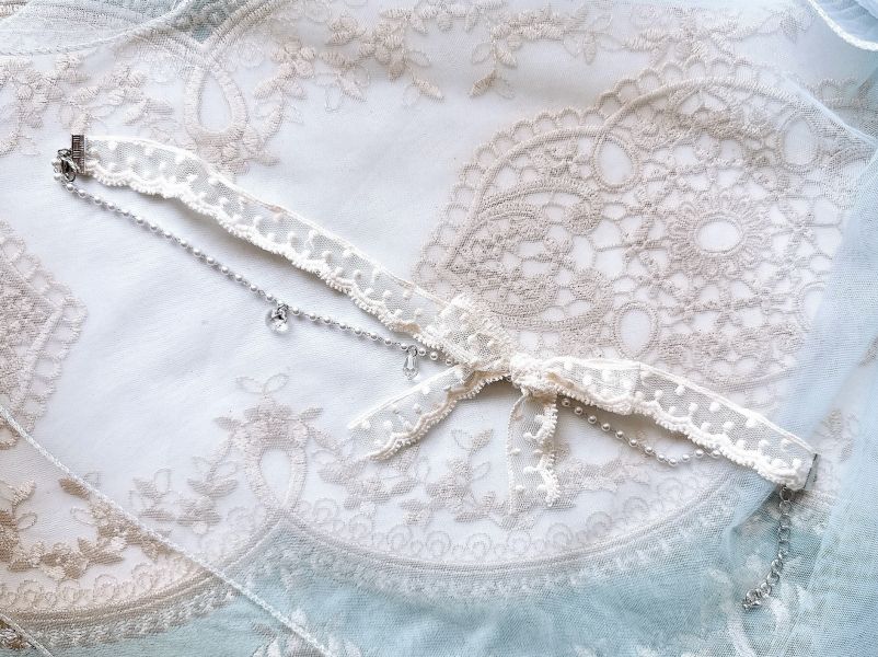 蕾絲蝴蝶結雙層珍珠優雅日系頸鏈 