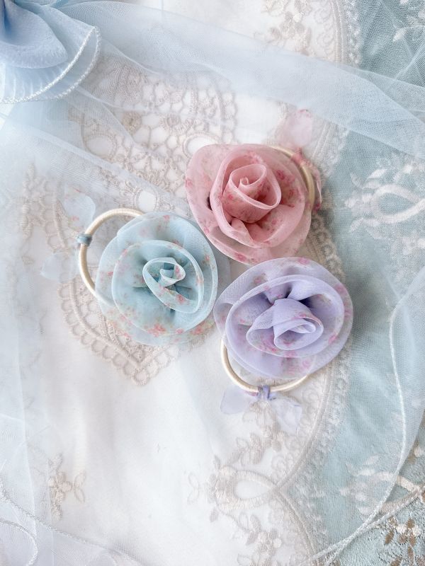 玫瑰碎花雪紡髮束 