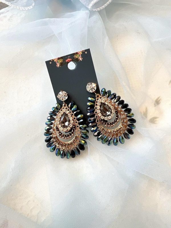 手工設計復古感水晶串珠水滴型耳環 