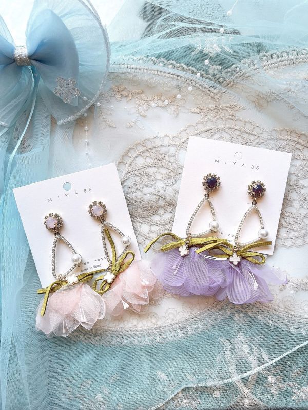 森林系雪紡紗花束幾何珍珠鋼針大耳環 