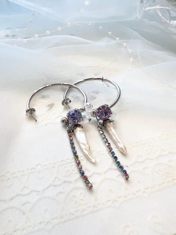 淡水珍珠水晶串圈狀鋼針耳環 