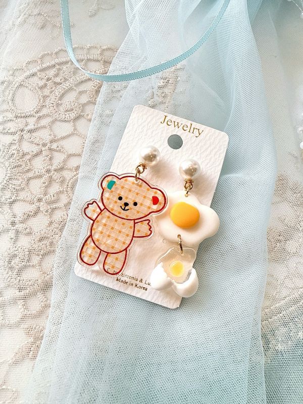 可愛小熊配雞蛋不對稱耳環 