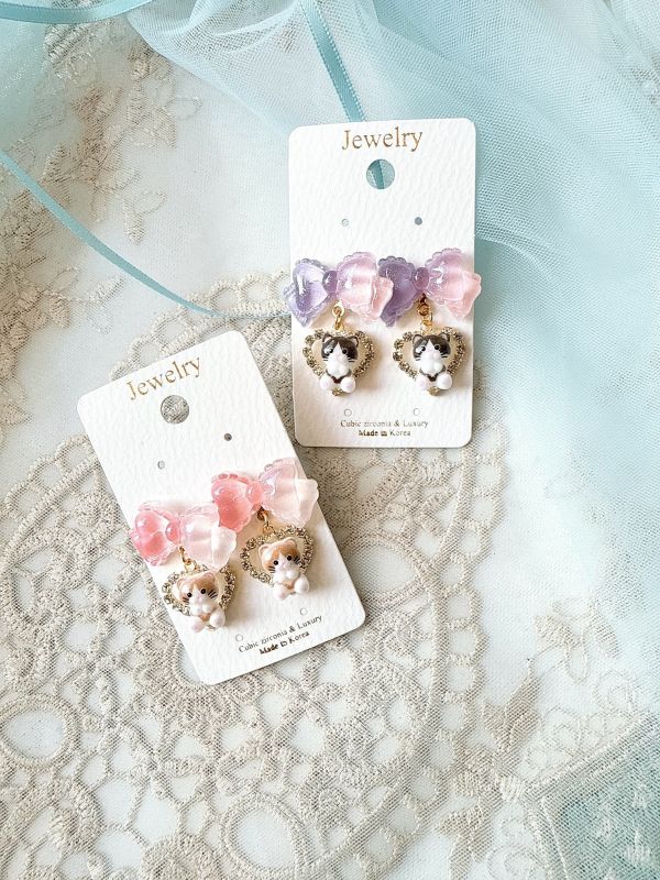 果凍感蝴蝶結垂墜可愛貓咪耳環 