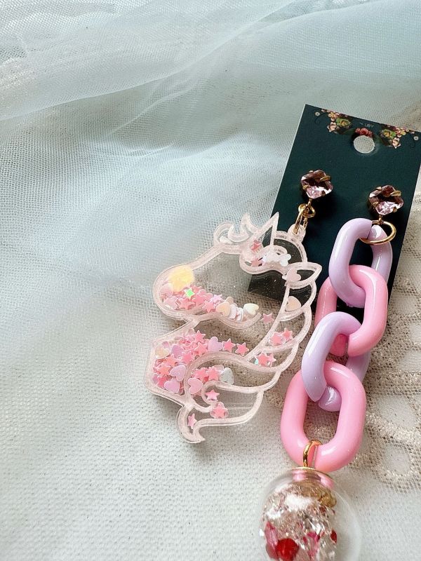 粉色系獨角獸壓克力銀針耳環 