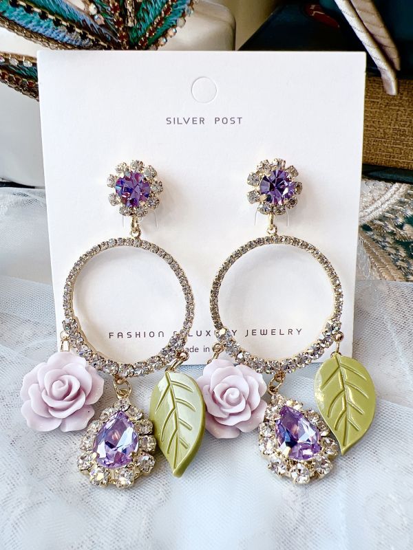 紫色華麗滿鑽樹酯玫瑰花大耳環 