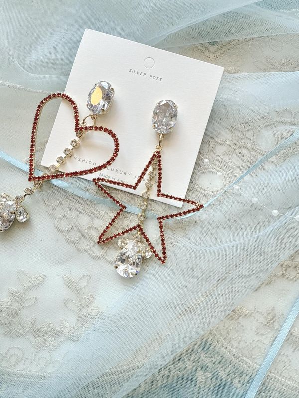 星星愛心閃耀滿鑽鋯石銀針大耳環 