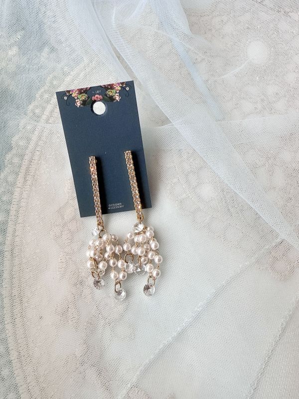 線型水鑽珍珠串氣質耳環 