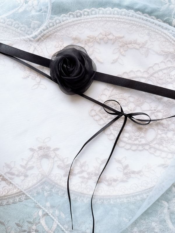 黑色優雅浪漫玫瑰雙層設計蝴蝶結頸鏈 