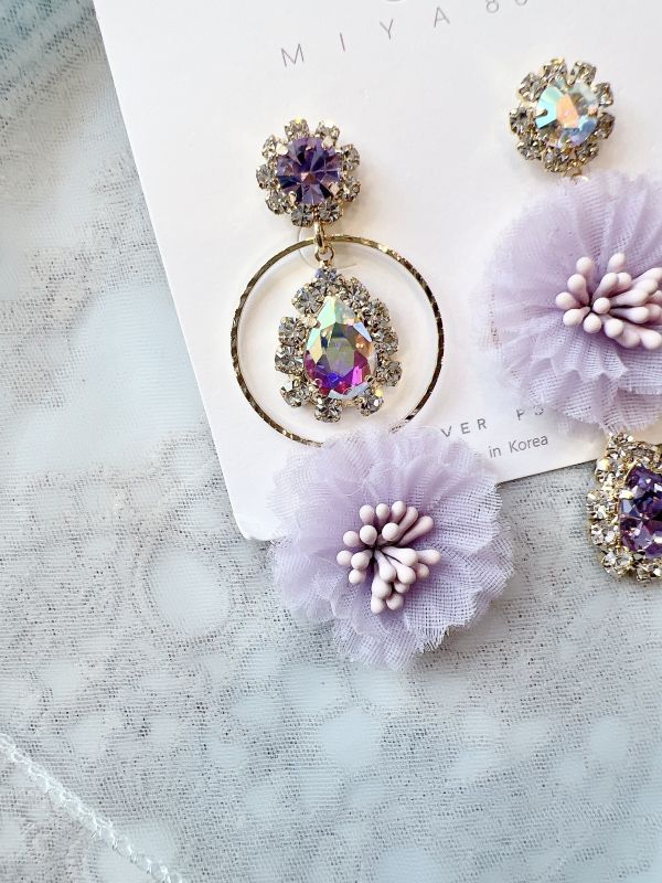 閃鑽雪紡小花不對稱氣質耳環 