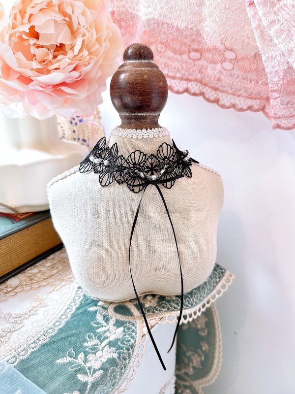 法式蕾絲珍珠垂墜蝴蝶結頸鏈 