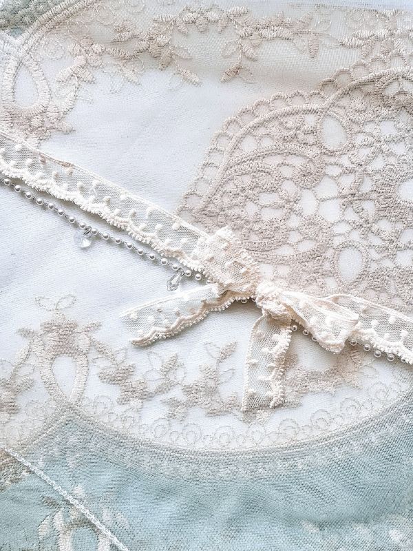 蕾絲蝴蝶結雙層珍珠優雅日系頸鏈 