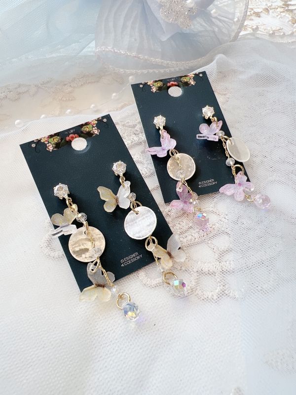 鋯石點綴蝴蝶紛飛小垂墜鋼針耳環 