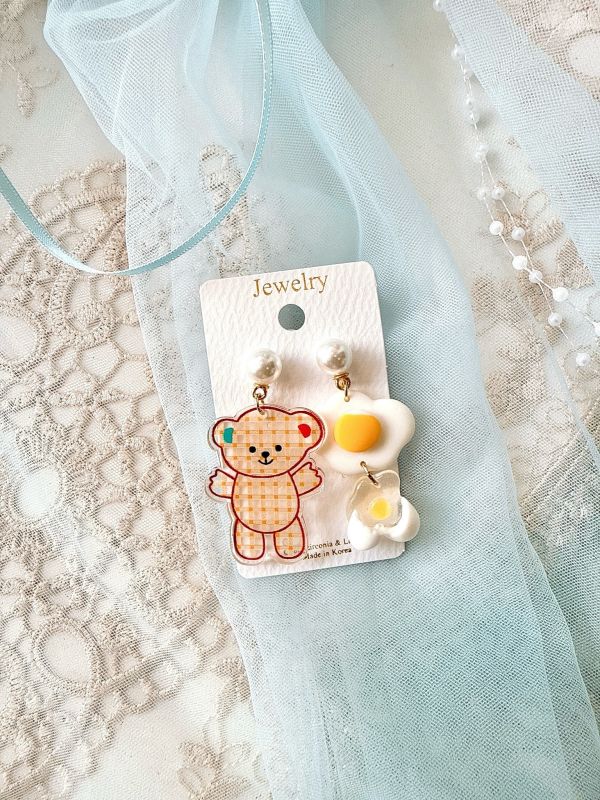 可愛小熊配雞蛋不對稱耳環 