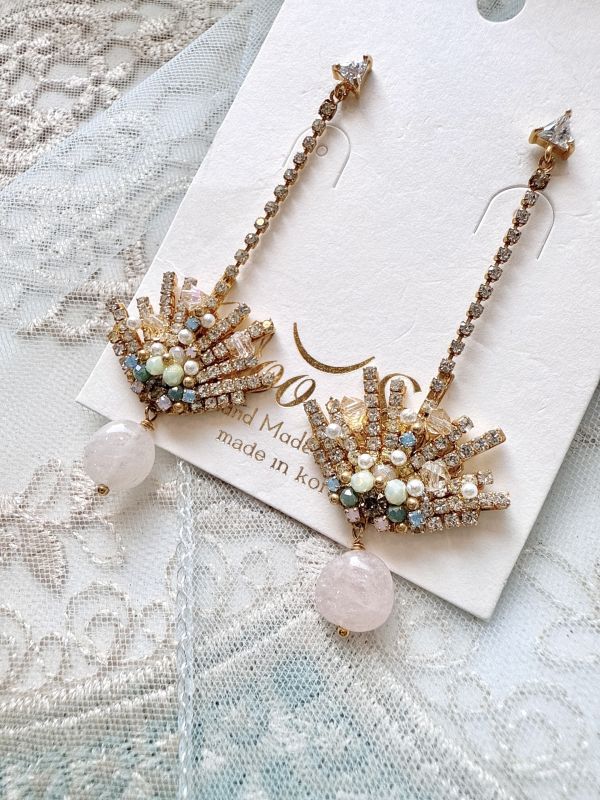 扇型水鑽垂墜原石耳環 