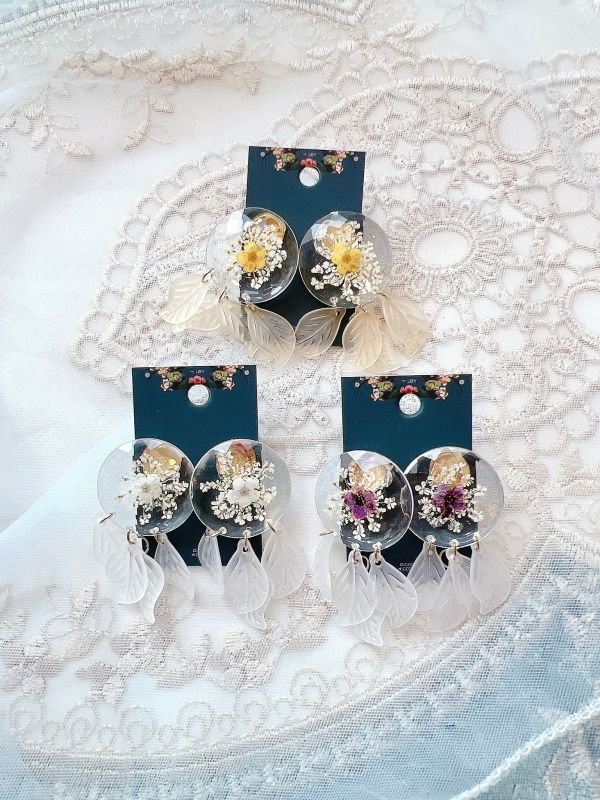 壓克力壓花垂墜樹酯葉片氣質鋼針耳環 