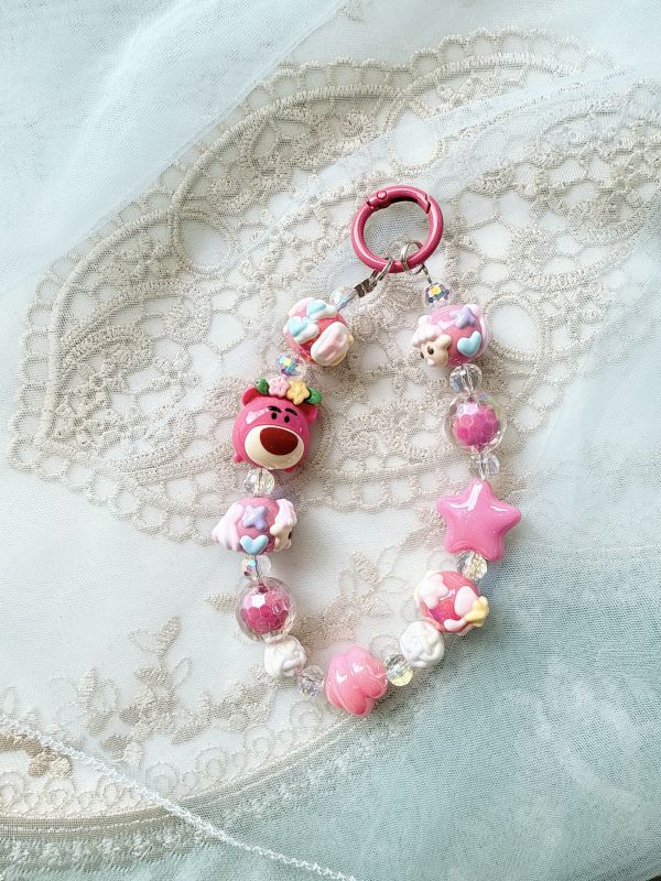 桃色糖果色串珠抱哥手機吊飾/掛墜 