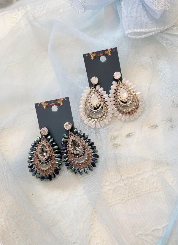 手工設計復古感水晶串珠水滴型耳環 