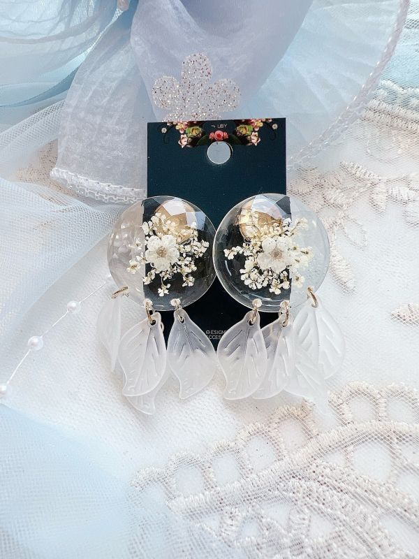 壓克力壓花垂墜樹酯葉片氣質鋼針耳環 