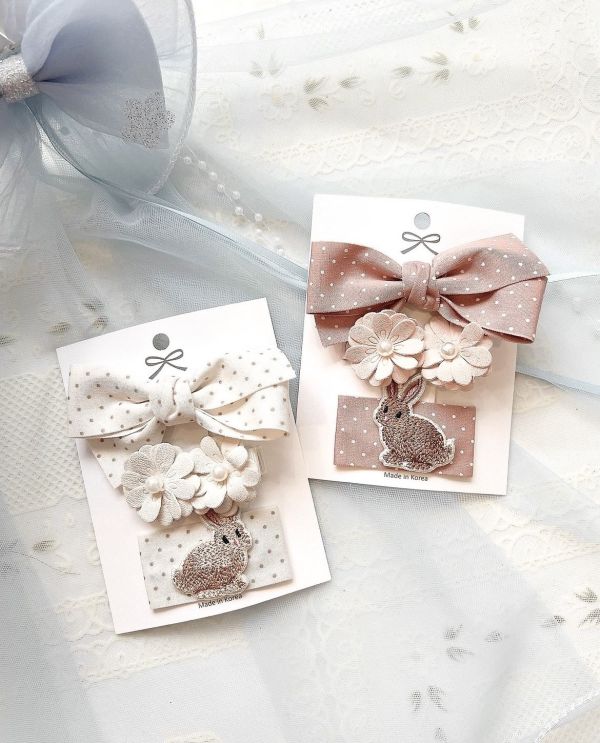 小朋友簡約兔子蝴蝶結三件式髮夾 