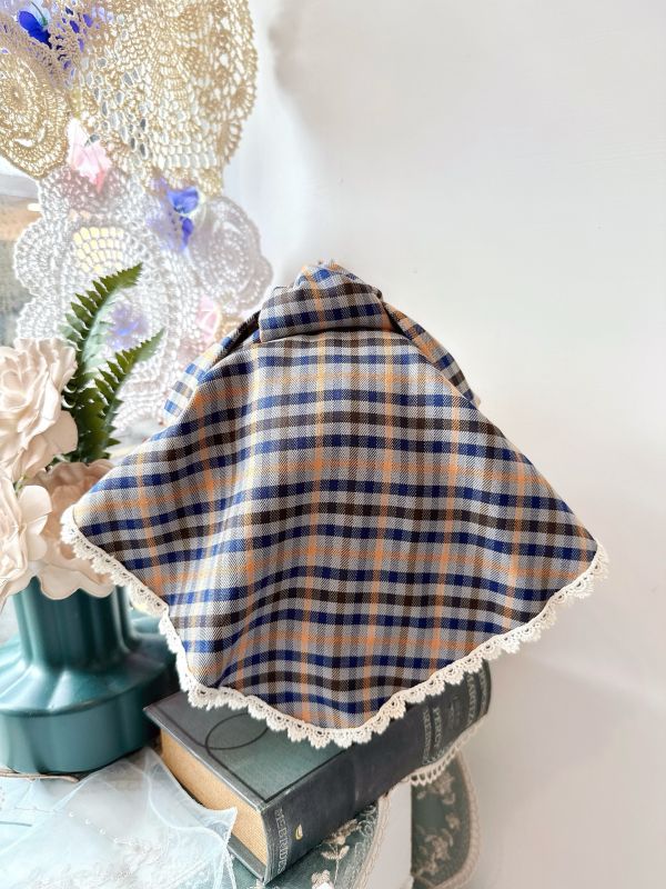 打結式仿帽格紋拼接蕾絲造型日系髮圈 