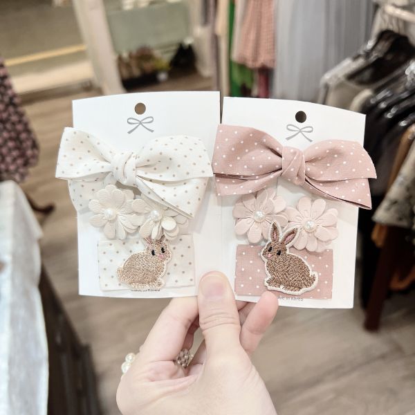 小朋友簡約兔子蝴蝶結三件式髮夾 