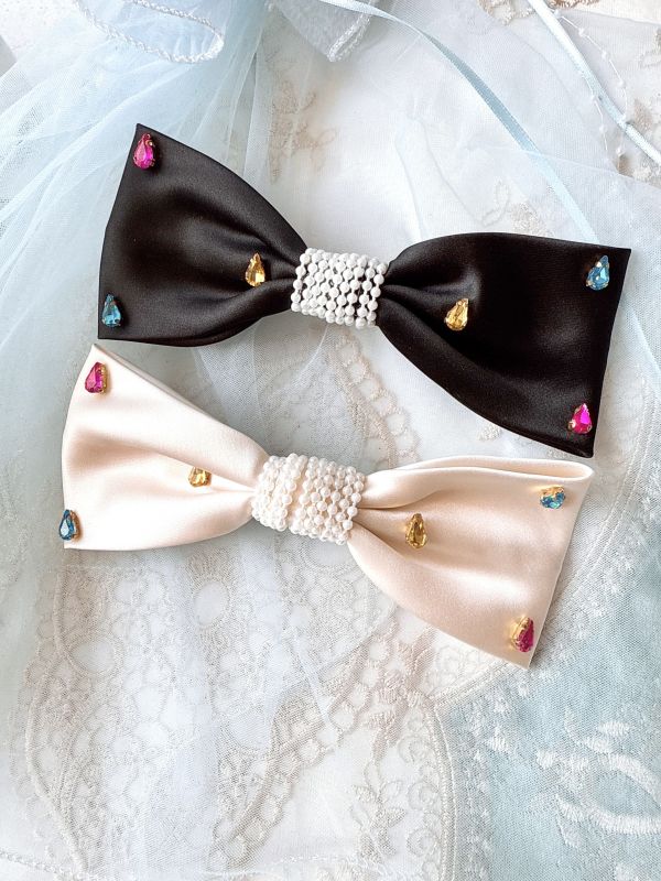 緞面彩虹水滴蝴蝶結髮夾彈跳夾 