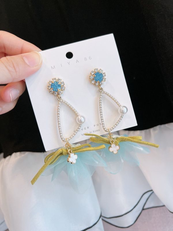 森林系雪紡紗花束幾何珍珠鋼針大耳環 