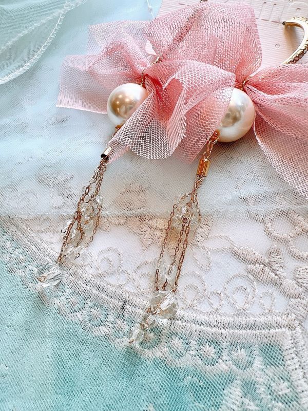 雪紡蝴蝶結水晶垂墜手工設計鋼針大耳環 