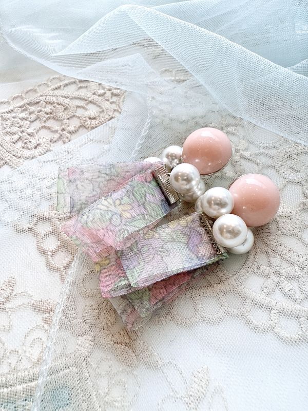 粉紅普普風珍珠碎花耳環 