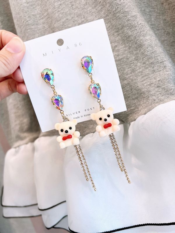 AB華麗水鑽絨毛小熊鋼針垂墜耳環 