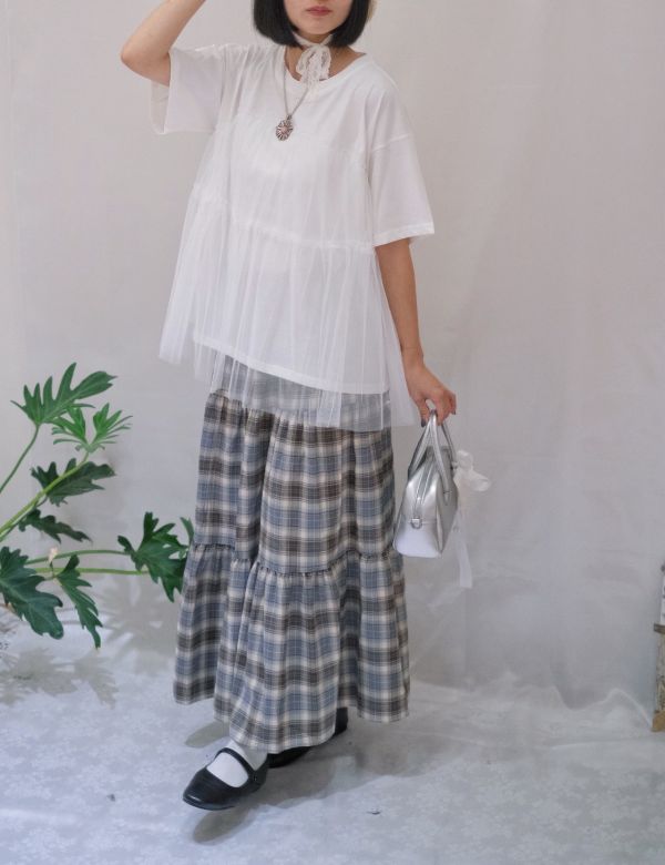 圓領拼接紗上衣 