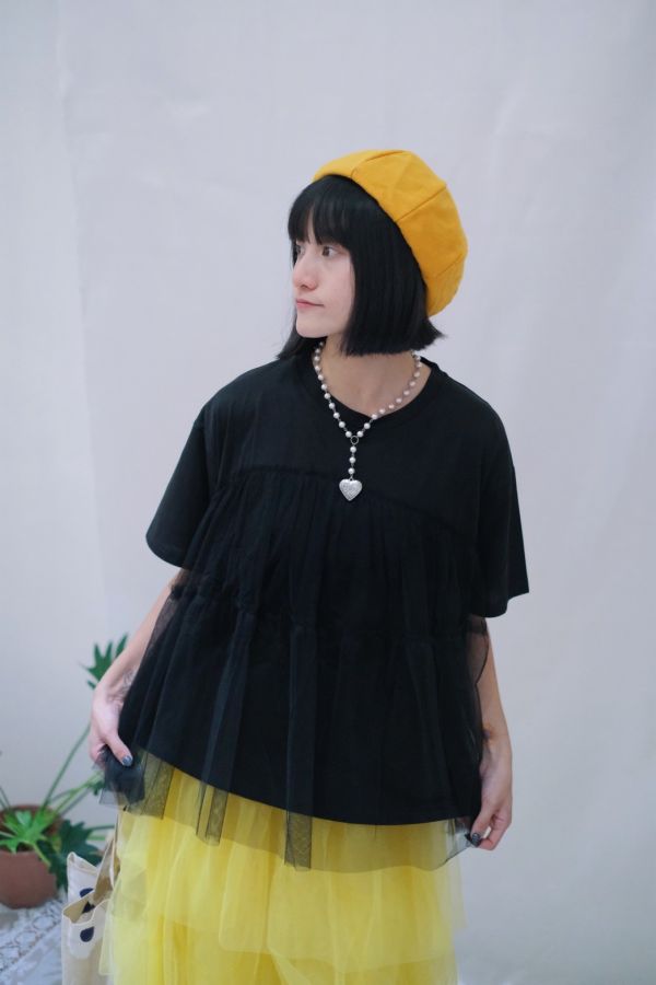 圓領拼接紗上衣 