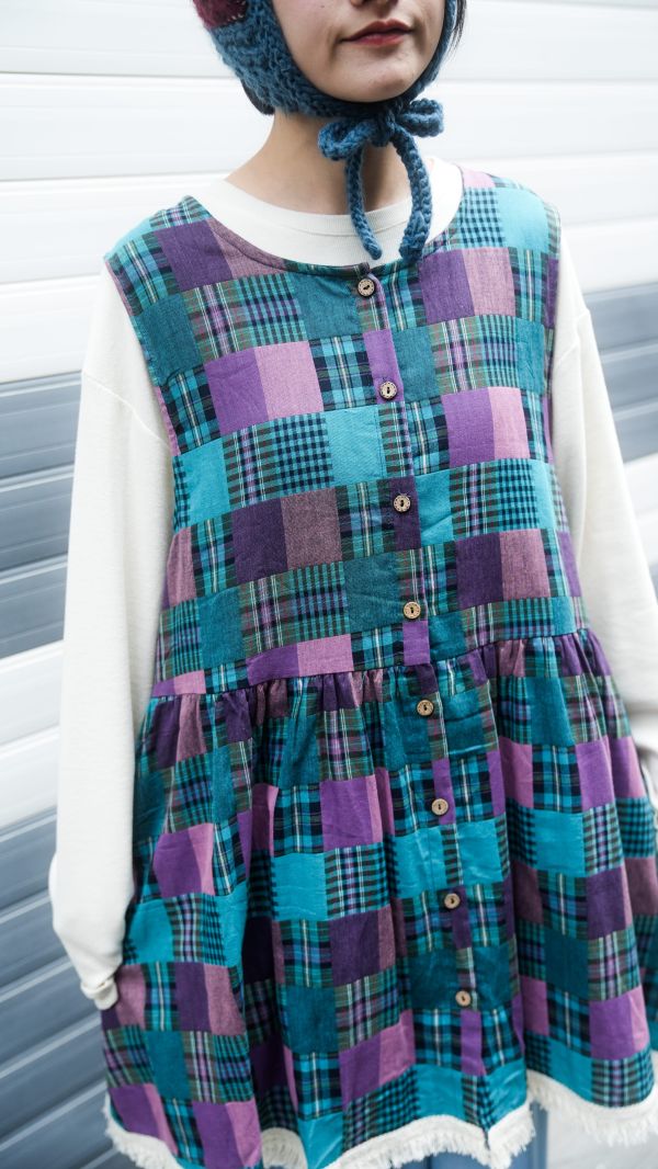 復古格紋拼接背心 