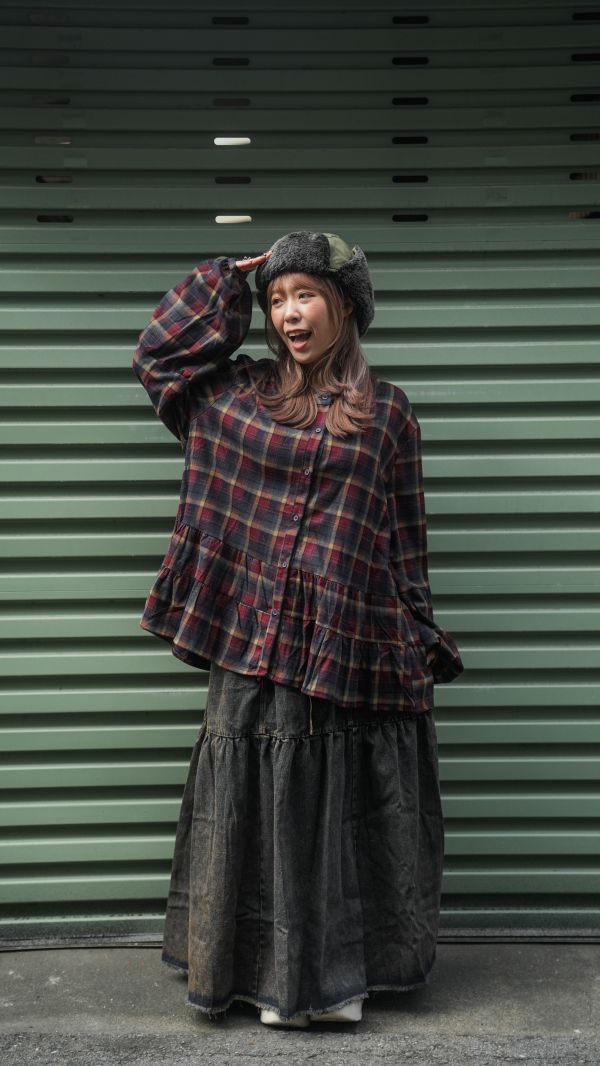 文青格紋五分上衣 