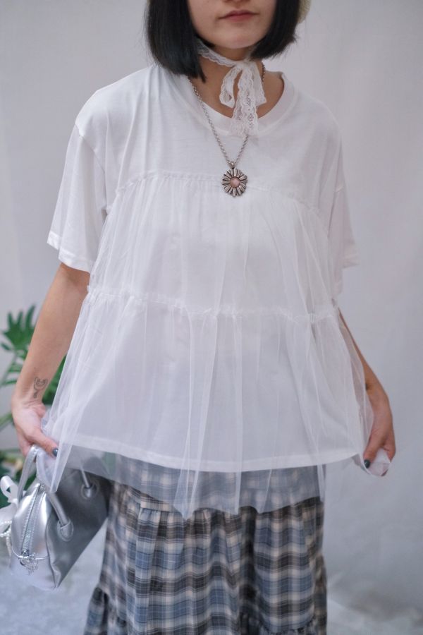 圓領拼接紗上衣 