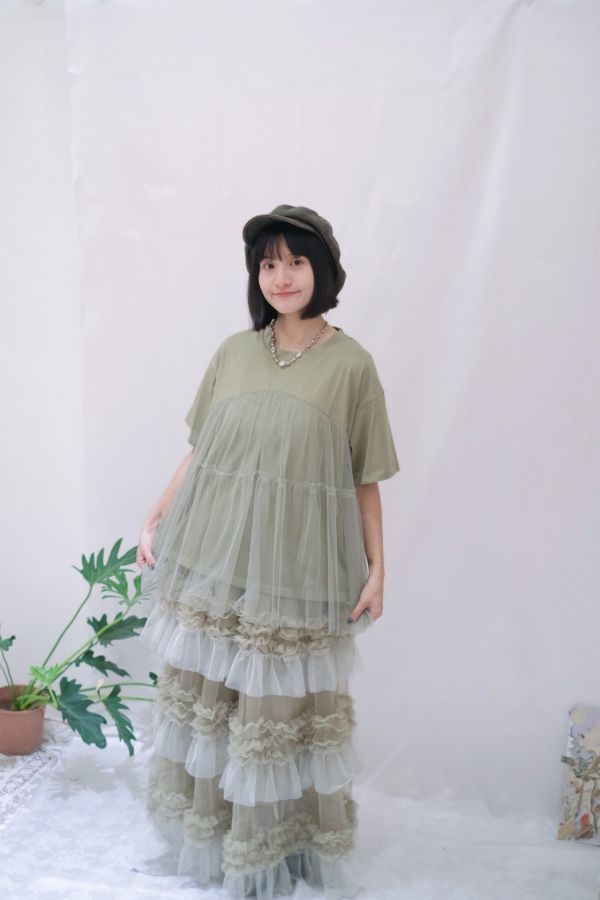 圓領拼接紗上衣 