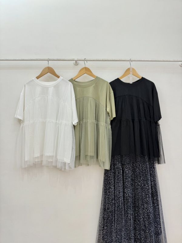 圓領拼接紗上衣 