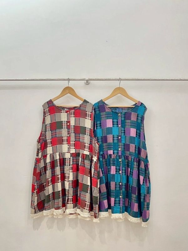 復古格紋拼接背心 