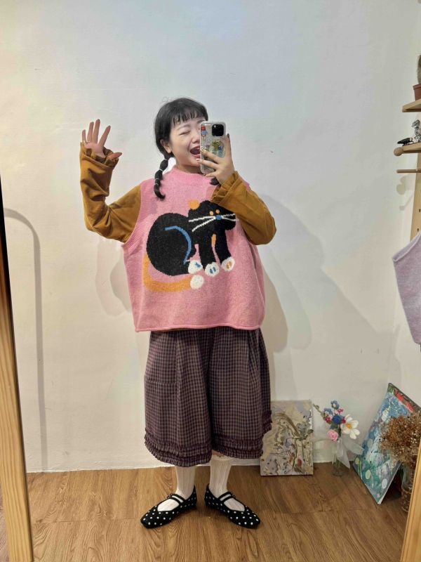 毛呢花邊格紋五分褲 