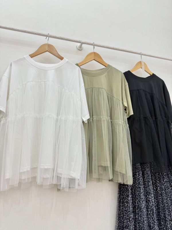 圓領拼接紗上衣 